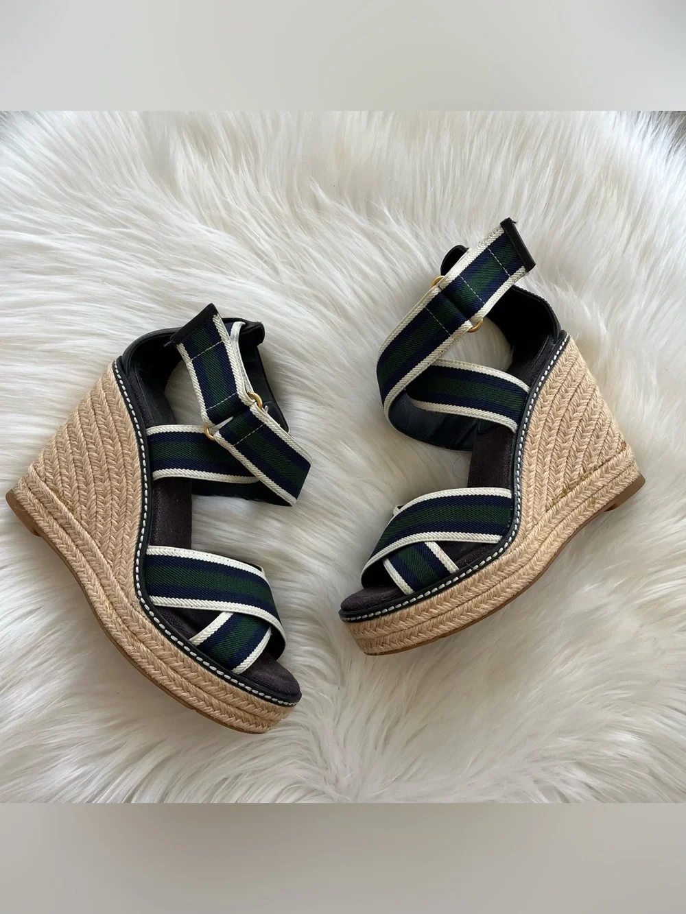 TORY BURCH Striped Strappy Espadrille Wedges Heels sz. 6.5 Minnie Miller